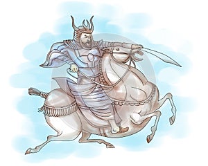 Samurai warrior with sword riding horse