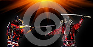 Samurai warrior with sword at sunset.