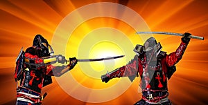 Samurai warrior with sword at sunset.