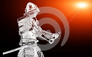 Samurai warrior with sword at sunset.
