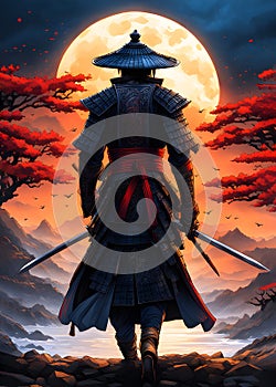 Samurai warrior watching the moonlight