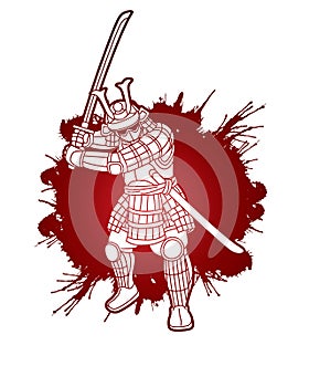 Samurai Warrior with Weapon Bushido Action Ready to Fight Cartoon Graphic Vector