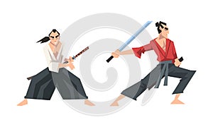 Samurai warriors in action set. Asian fighters fighting with katana sword cartoon vector illustration