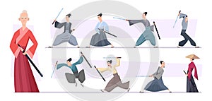 Samurai warriors. Aggressive asian samurai fighters with sword exact vector characters in action poses