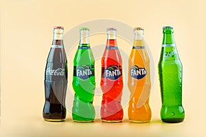 Samut Prakan, Thailand - March 9, 2021 : Popular soft drink in glass bottle volume 375 ML. such as Coca-Cola, Fanta of three