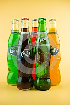 Samut Prakan, Thailand - March 20, 2021 : Popular soft drink in glass bottle volume 375 ML. such as Coca-Cola, Fanta of three