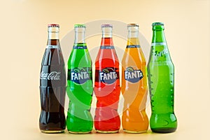 Samut Prakan, Thailand - March 20, 2021 : Popular soft drink in glass bottle volume 375 ML. such as Coca-Cola, Fanta of three