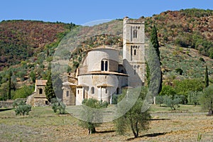 San Antimo abbeys close up in the sunny day. Tuscany, Italy