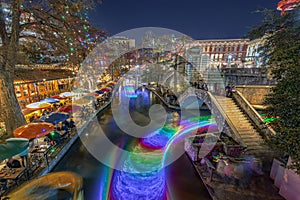 San Antonio River Walk with Christmas Lights in Texas USA