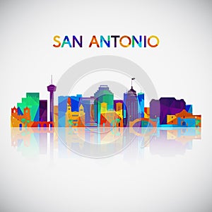 San Antonio skyline silhouette in colorful geometric style.