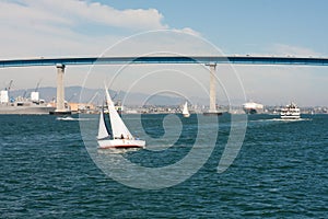 San Diego bay with sailboat and Coronado Bay Bridge