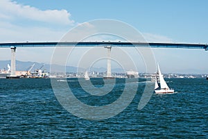 San Diego bay with sailboat and Coronado Bay Bridge