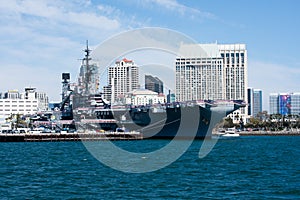 San Diego bay with USS Midway museum and downtown buildings