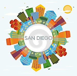 San Diego California City Skyline with Color Buildings, Blue Sky and Copy Space