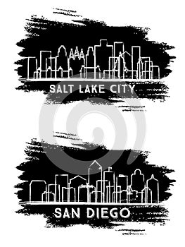 San Diego California and Salt Lake City Utah USA City Skyline Silhouette Set