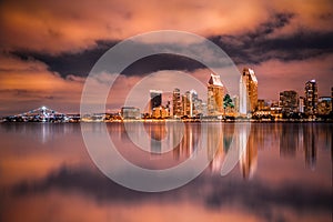 San Diego California skyline and bay seen at night