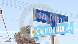 San Diego and California street, traffic road sign in USA. Crossroad in city.