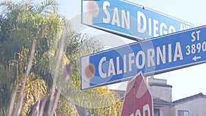 San Diego and California street, traffic road sign in USA. Crossroad in city.