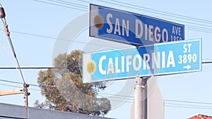 San Diego and California street, traffic road sign in USA. Crossroad in city.