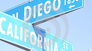 San Diego and California street, traffic road sign in USA. Crossroad in city.