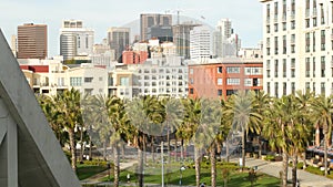 SAN DIEGO, CALIFORNIA USA - 30 JAN 2020: Metropolis urban skyline, highrise skyscrapers, city downtown. From above aerial view,