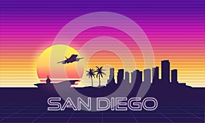 San Diego California USA Skyline Landscape Retro 80`s Vector Graphic