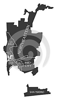 San Diego city map USA labelled black illustration