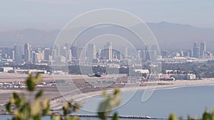 San Diego city skyline, cityscape of downtown, California Point Loma. Helicopter