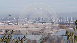 San Diego city skyline, cityscape of downtown, California Point Loma. Helicopter