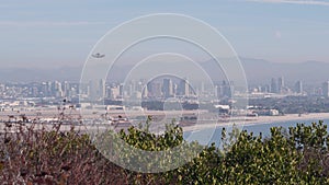 San Diego city skyline, cityscape of downtown, California Point Loma. Helicopter