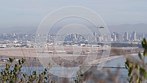 San Diego city skyline, cityscape of downtown, California Point Loma. Helicopter