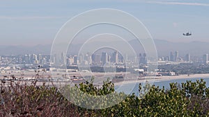 San Diego city skyline, cityscape of downtown, California Point Loma. Helicopter