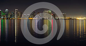 San Diego dowtown skyline, night water reflections