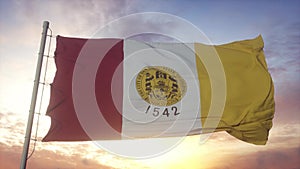 San Diego flag, California, waving in the wind, sky and sun background. 3d rendering
