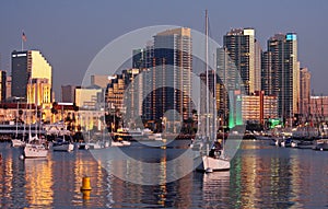 San Diego skyline and harbor at twilight