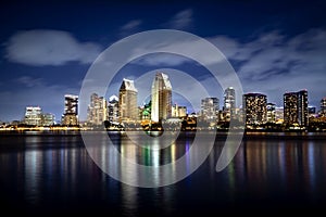 San Diego skyline reflecting in the ocean at dusk