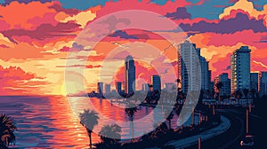 San Diego Sunset In 1910s: A Pixel Art Close-up photo
