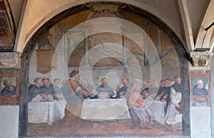 San Dominic in Mensa fed by the Angels, fresco in Santa Maria Novella church in Florence photo