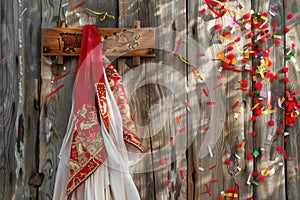 San Fermin festival display with red scarves, traditional white clothing, and bull running symbol on wooden background