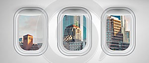 San Francisco buildings as seen from three airplane windows. Holiday, vacation and travel concept