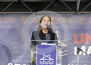 Lieutenant Governor Eleni Kounalakis speaking at a Rally Against Anti-Semitism at Civic Center