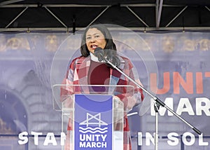 Mayor London Breed speaking at a Rally Against Anti-Semitism at Civic Center