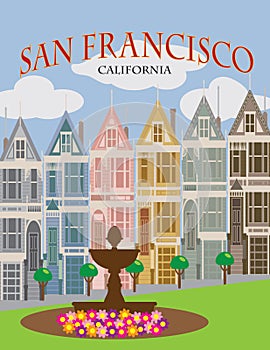 San Francisco CA Painted Ladies Poster vector Illustration