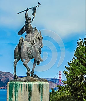 San Francisco, CA USA - The Legion of Honor - Equestrian Statue with Golden Gate Bridge in Distance