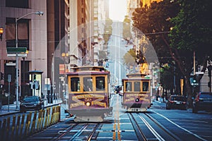 San Francisco Cable Cars on California Street at sunrise, California, USA