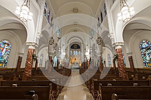 San Francisco, California - April 7, 2018: The nave of Notre Dame des Victories Church.