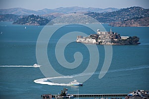 SAN FRANCISCO, CALIFORNIA - SEPTEMBER 9, 2015 - View of Pier 39 and Alcatraz Island from Coit Tower