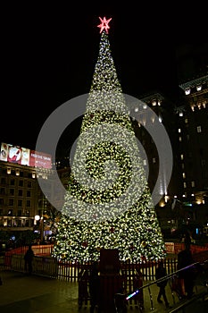 SAN FRANCISCO, CALIFORNIA, UNITED STATES - NOV 26th, 2018: Night view of the Christmas tree at Union Square