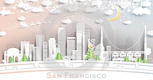 San Francisco California USA City Skyline in Paper Cut Style with Snowflakes, Moon and Neon Garland