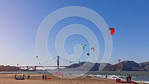 San Francisco - California, USA. October 27, 2019: Beautiful view of San Francisco Crissy Field beach with the kitesurfers in the